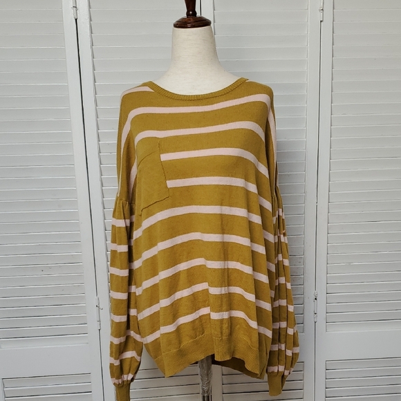 Nine West Yellow and White Striped Crew Neck Sweater - Picture 2 of 6